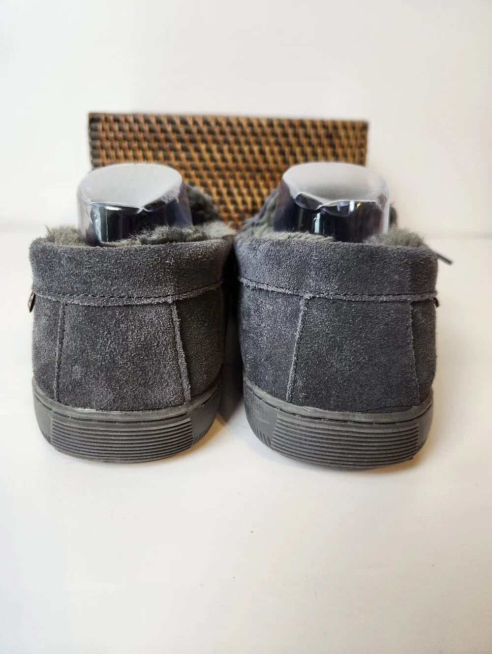 Lamo Theo Gray Suede Faux Fur Lined Foam Footbed Moccasin Slipper Shoes